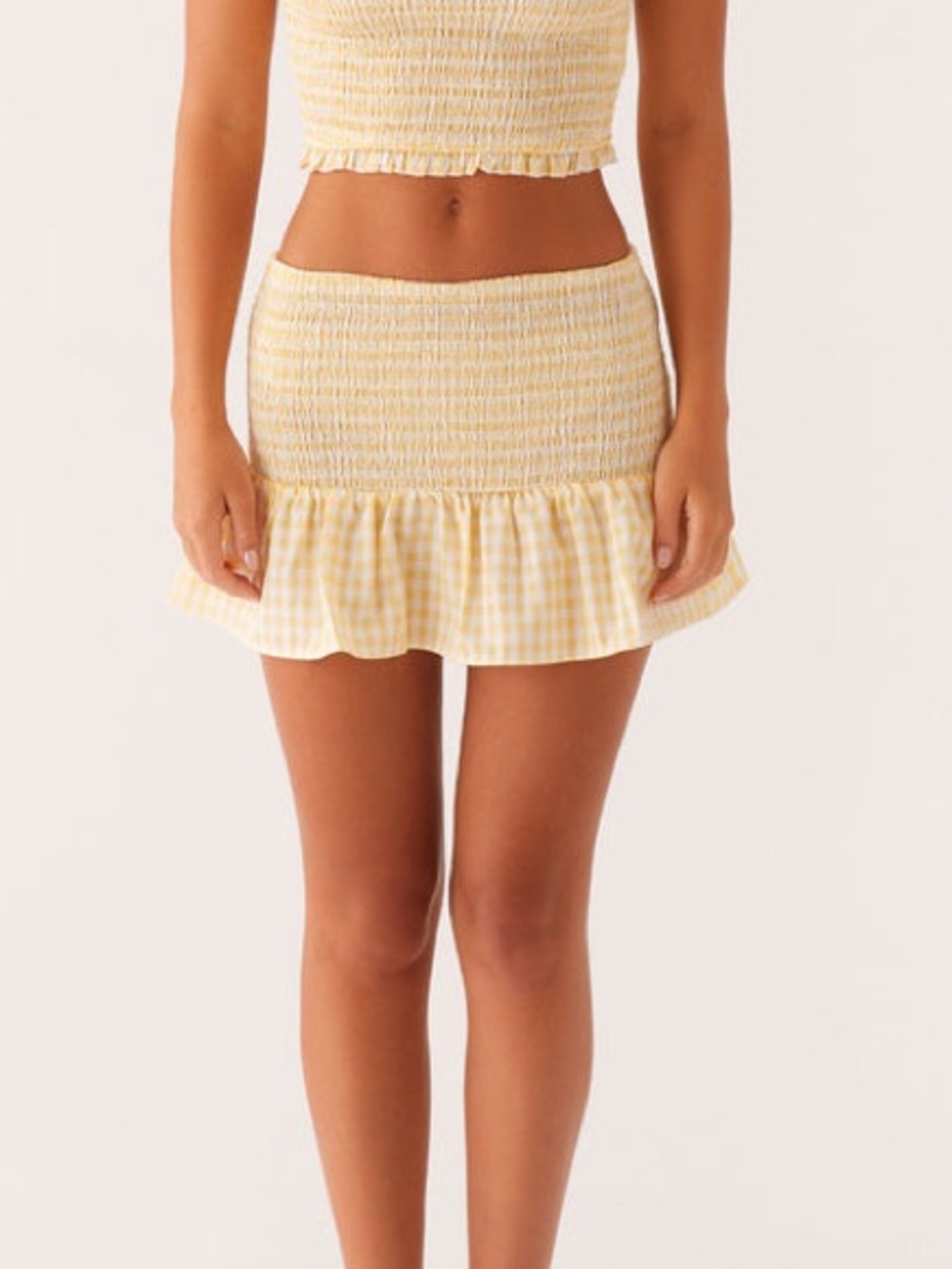 peppermayo Yellow Gingham Smocked Ruffle Mini Skirt